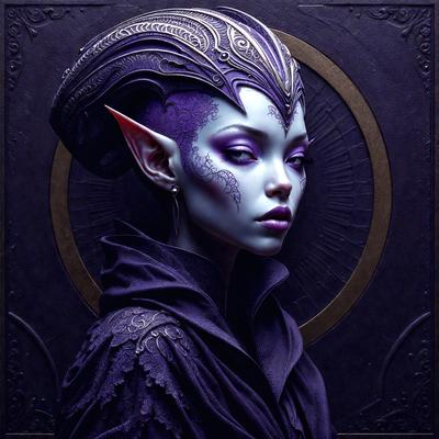 The primary subject of the image is a woman with purple hair, wearing a black outfit and a purple headpiece. She is standing in front of a purple background, which adds to the overall mood of the scene. The visual style of the image is digital art, as it appears to be a well-crafted and detailed illustration. The colors and mood of the image are predominantly purple, creating a unique and striking appearance.